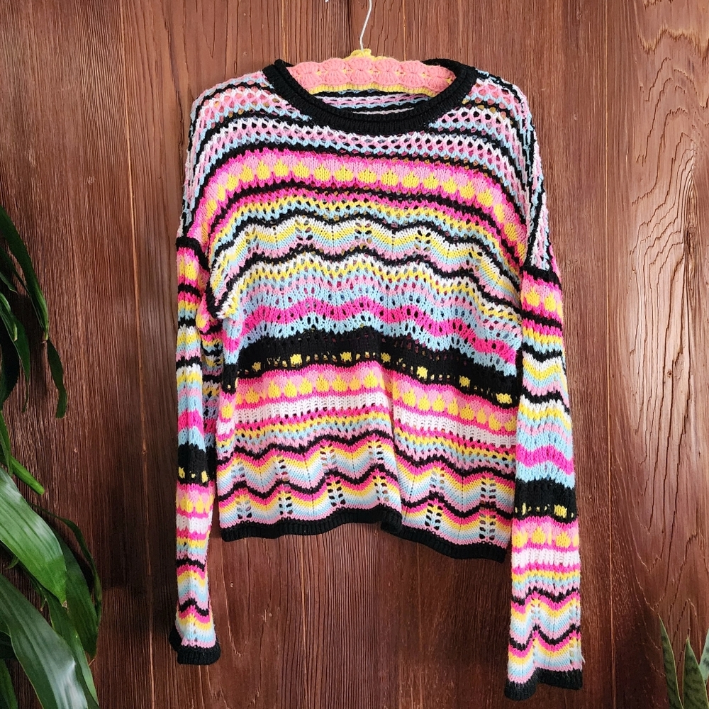 Cider Striped Loose Whimsigoth Style Bellsleeve Pullover Airy Sweater Medium - Picture 8 of 11